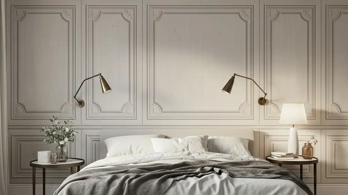 Papier peint boiserie et moulures haussmanniennes dans une chambre élégante
