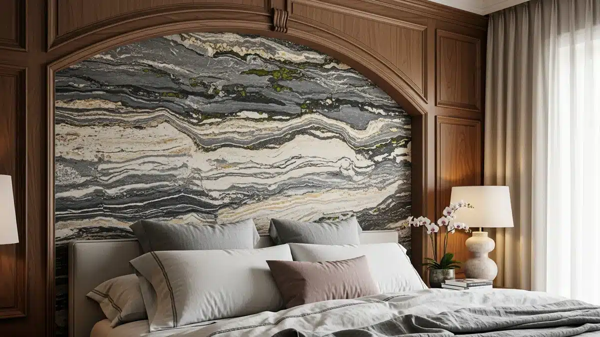 Tête de lit habillée d'un papier peint trompe-l'œil effet pierre dans une arche en boiserie