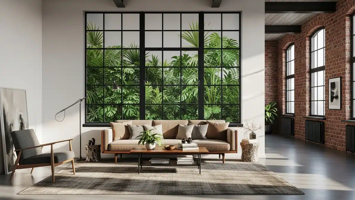 Papier peint verriere atelier en trompe-l oeil dans un salon loft