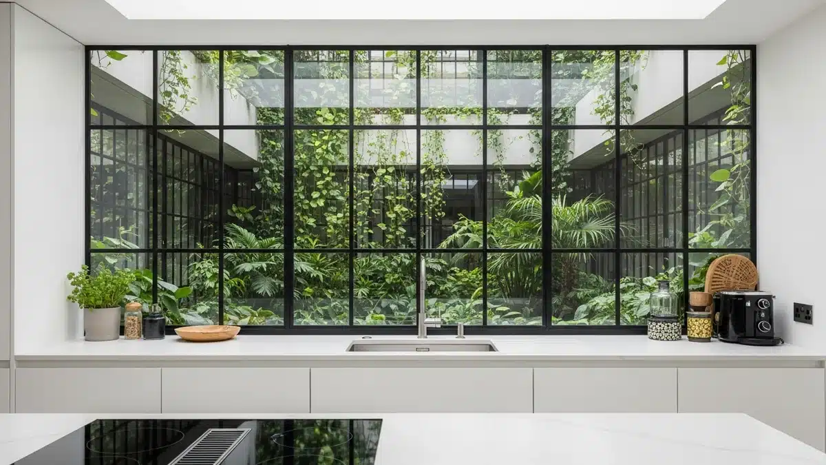 Papier peint verrière atelier noire dans une cuisine ouverte de style loft