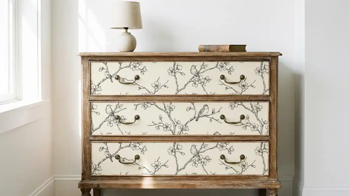Commode ancienne à trois tiroirs habillée d'un papier peint à branches fleuries dessinées à l'encre sur fond clair, poignées en laiton, posée contre un mur blanc dans une pièce lumineuse