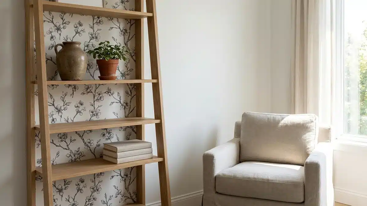 Bibliothèque en chêne clair dont le fond est tapissé d'un papier peint à branches fleuries dessinées à l'encre, à côté d'un fauteuil en lin