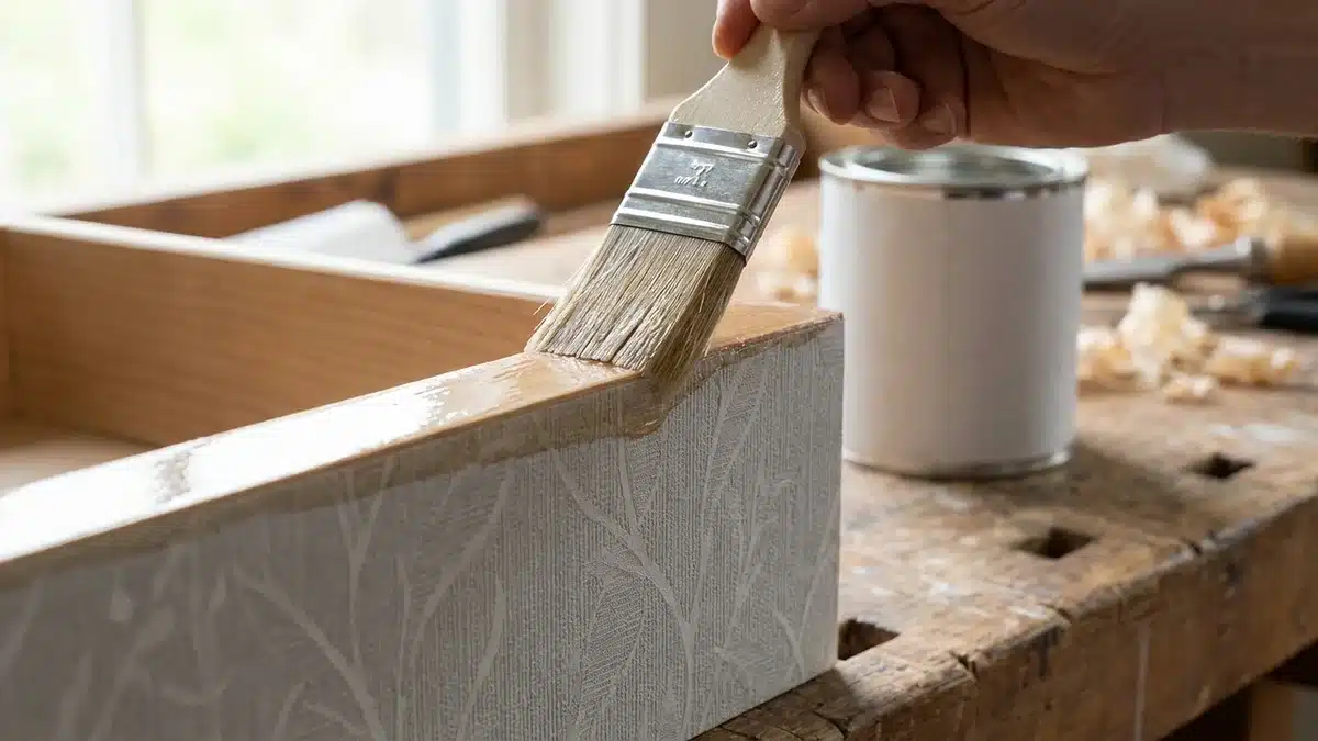 Gros plan sur une façade de tiroir tapissée posée à plat, un pinceau plat appliquant un vernis mat sur le bord du papier peint en débordant légèrement sur le chant du bois