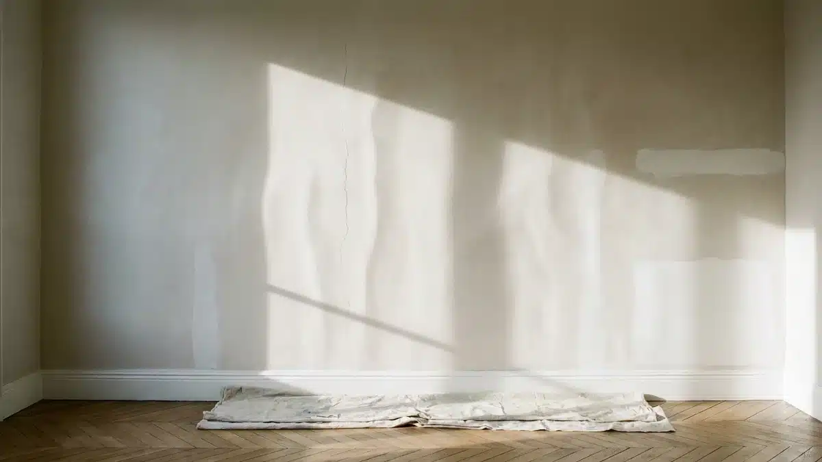Mur de plâtre clair éclairé en lumière rasante, révélant ondulations, fissure fine et traces de rebouchage