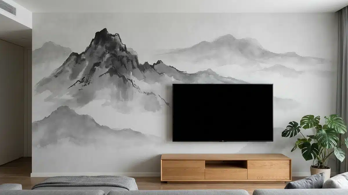 Salon avec un grand écran plat éteint, fixé au mur sur un papier peint de montagne à l'encre grise dont le sommet est décalé à gauche de l'écran, meuble TV bas en bois clair