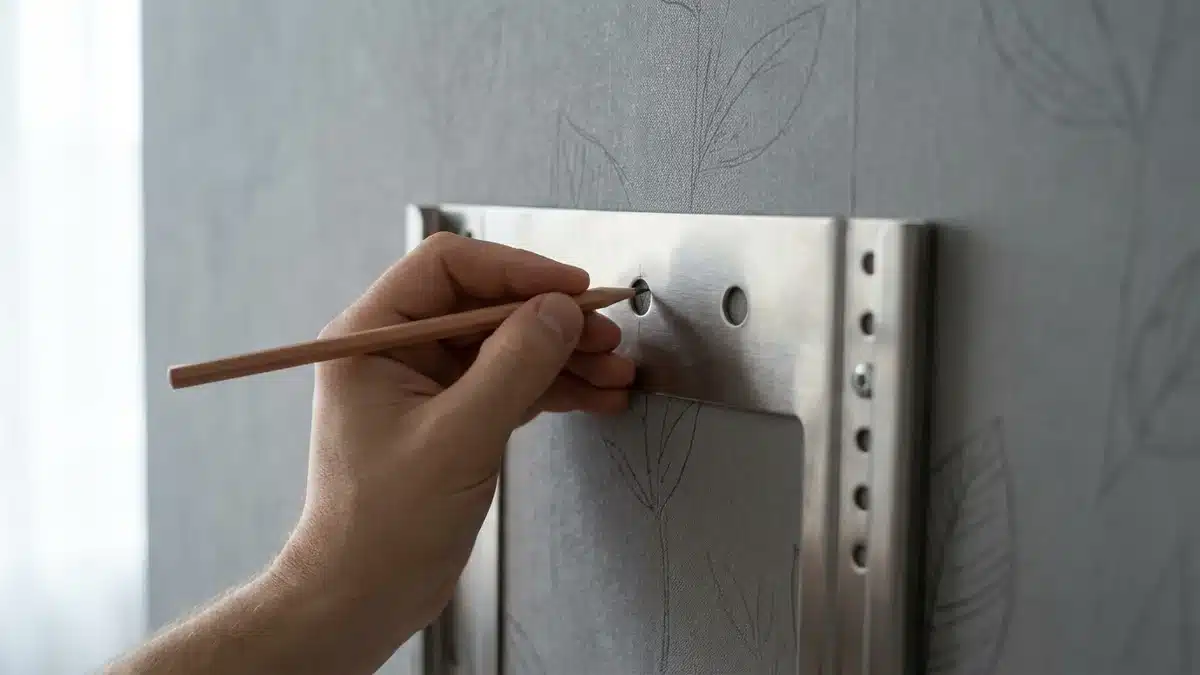 Gros plan sur une main qui marque au crayon, à travers le gabarit métallique d'une platine murale, les points de fixation d'un téléviseur sur un papier peint gris déjà posé et sec