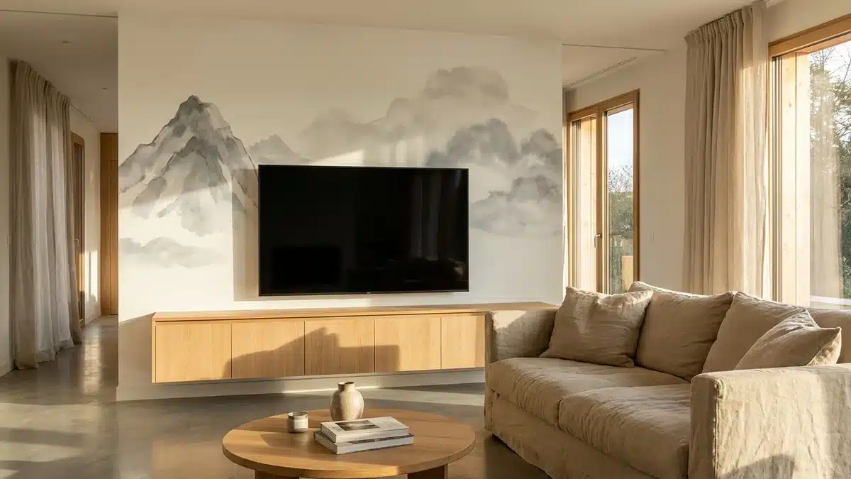 Salon avec un grand écran plat éteint fixé sur un papier peint de montagne à l'encre grise, le sommet décalé à gauche de l'écran, meuble TV bas en chêne clair
