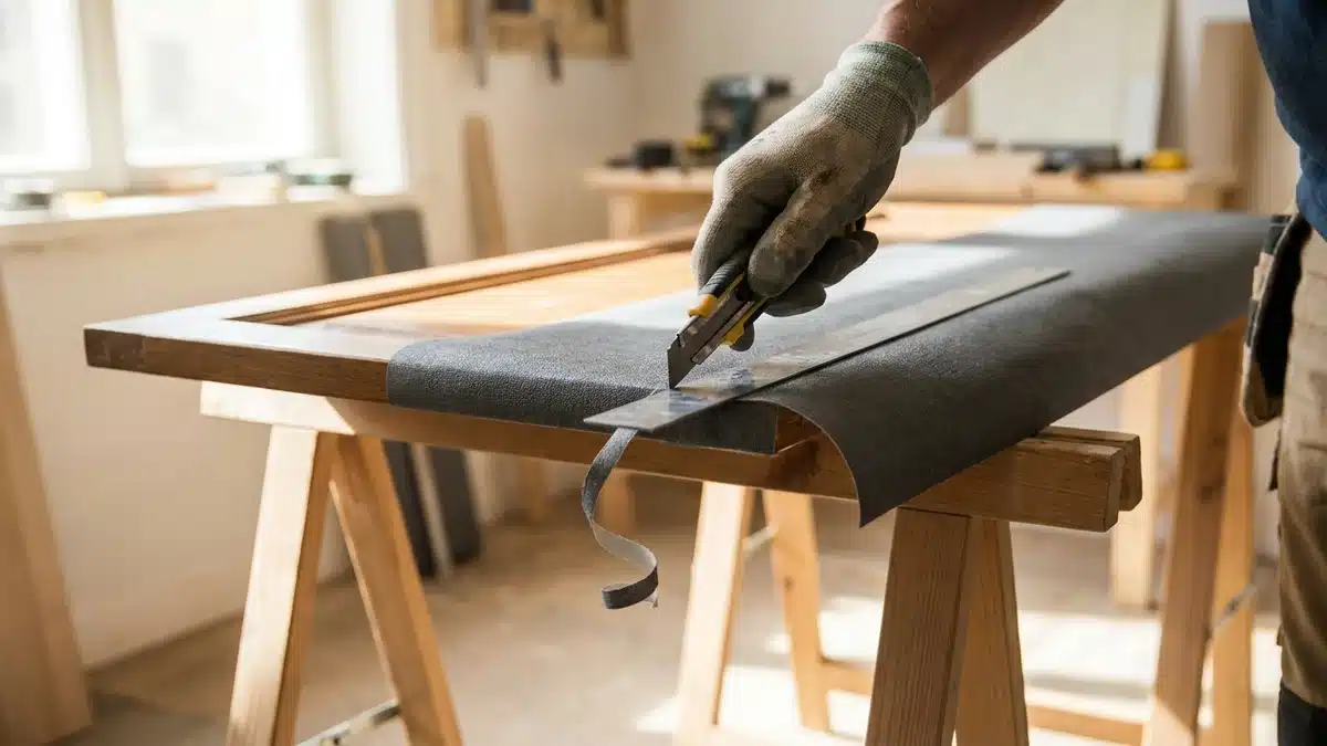Gros plan sur une porte de placard posée à plat sur des tréteaux, une main tenant un cutter à lame neuve qui arase un papier peint gris au ras du chant de la porte, guidé par une règle métallique