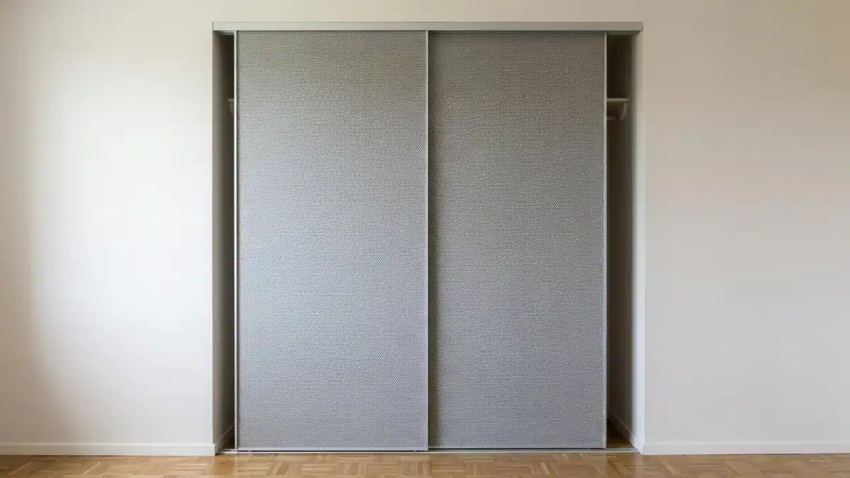 Chambre avec un placard à deux portes coulissantes habillées d'un papier peint géométrique gris à petit motif, le décor coupé net au bord de chaque porte, rail haut visible, lit et parquet clair