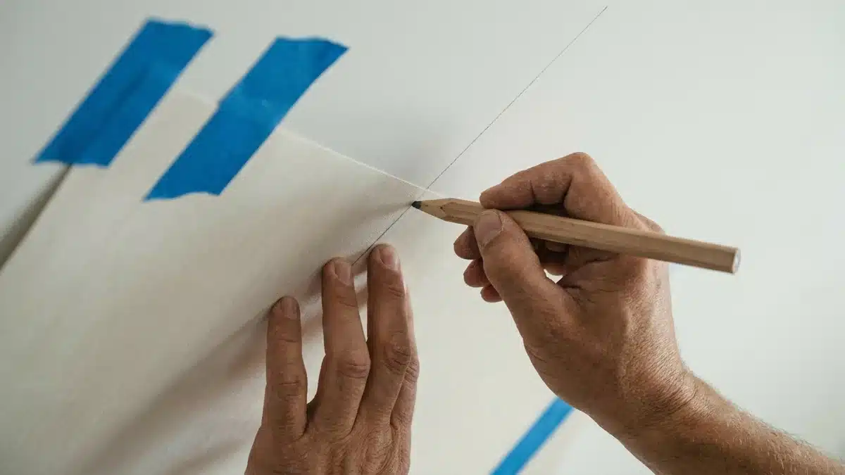 Mains reportant au crayon l'angle d'un rampant sur un lé de papier peint posé à sec contre la pente