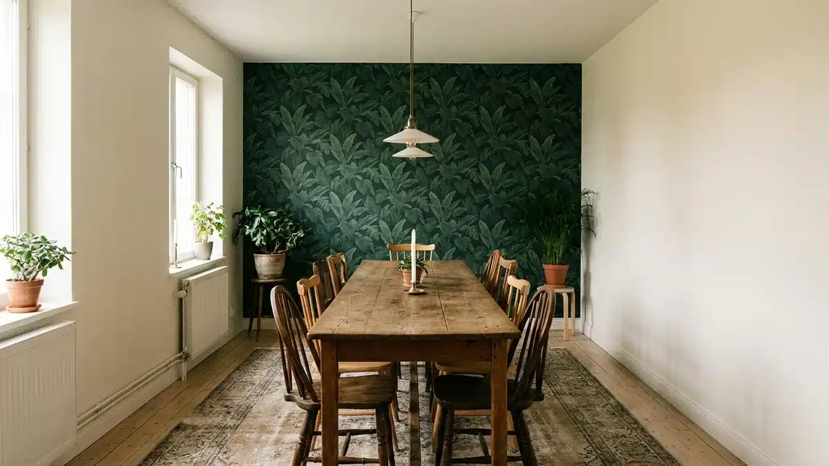 Pièce longue et étroite vue dans sa longueur : le petit mur du fond couvert d'un papier peint botanique vert profond, les deux grands murs peints en blanc cassé, une table étroite en bois au centre