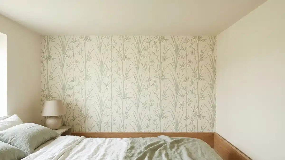 Chambre basse : un mur couvert d'un papier peint clair de bambous verticaux monte jusqu'au plafond sans frise, plafond peint de la même teinte crème que le fond du décor