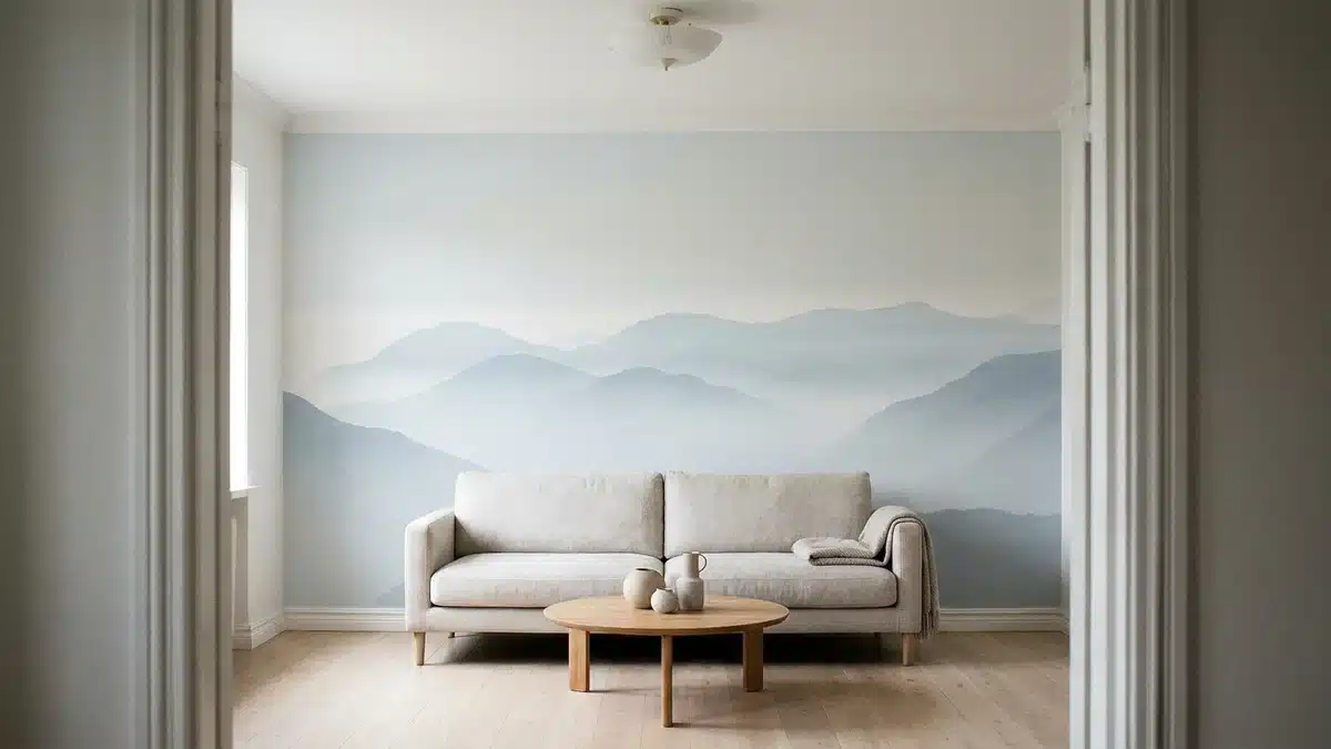 Petit salon dont le mur du fond est couvert d'un panoramique de montagnes bleutées dans la brume, l'horizon juste au-dessus du dossier d'un canapé en lin clair