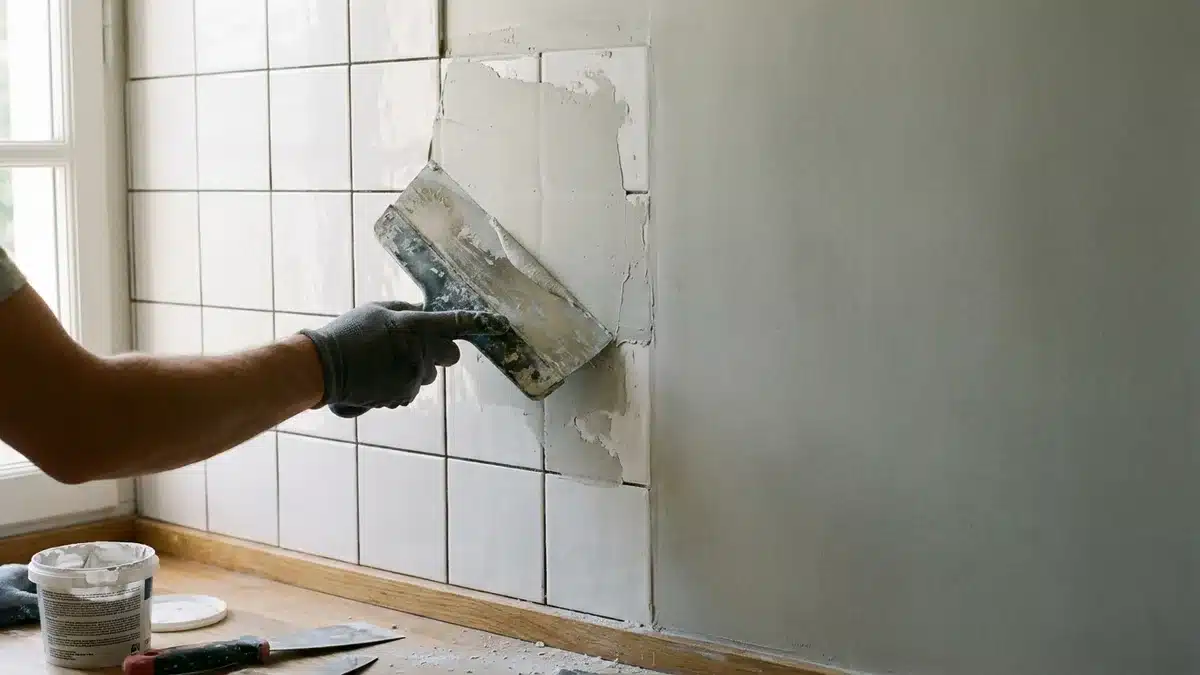 Mur de cuisine en cours de préparation : sur une faïence blanche à carreaux de 15 centimètres, une main tient un couteau à enduire et lisse une couche d'enduit gris clair qui recouvre déjà la moitié du carrelage ; à gauche, les joints sont encore visibles, à droite la surface est plane et uniforme