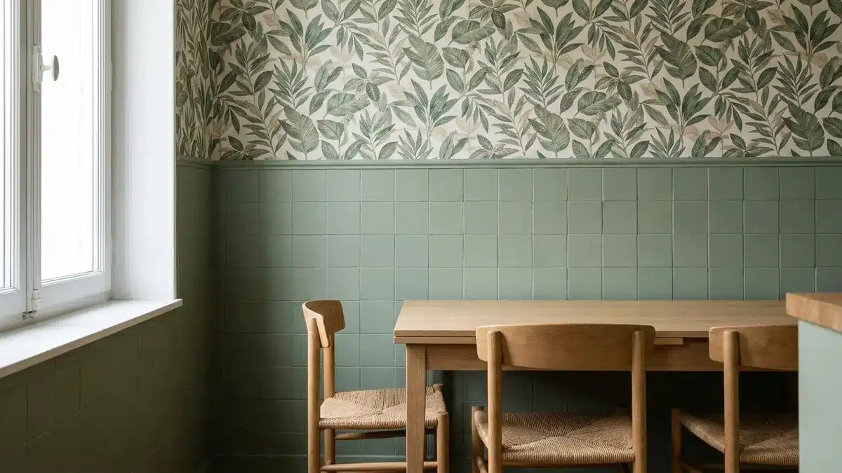 Coin repas d'une cuisine : en bas du mur, l'ancienne faïence est peinte en vert sauge mat et forme un soubassement jusqu'à 1,20 mètre ; au-dessus, un papier peint à feuillages verts et beiges couvre le mur jusqu'au plafond ; une table en bois clair et deux chaises sont placées devant