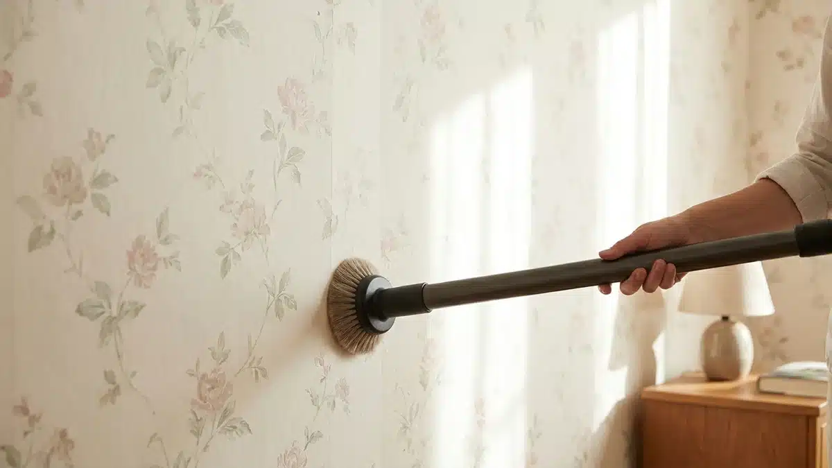 Embout brosse douce d'un aspirateur posé sur un papier peint fleuri crème dans une chambre lumineuse