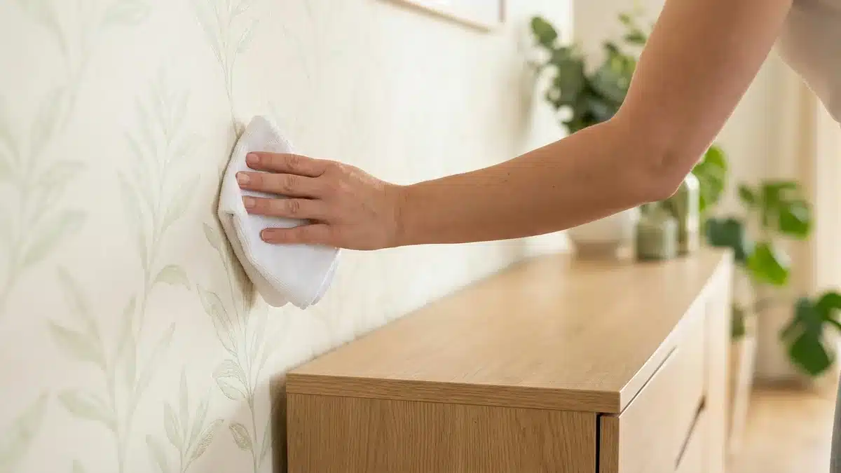 Main qui tamponne un papier peint à feuillage crème avec un chiffon microfibre blanc, au-dessus d'un buffet en bois clair