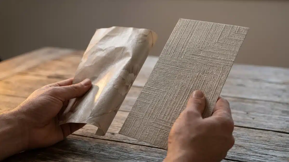 Deux mains tiennent deux échantillons de papier peint au-dessus d'une table en bois : à gauche un papier fin et brillant qui se froisse, à droite un revêtement épais et mat à la surface textile qui reste parfaitement plat