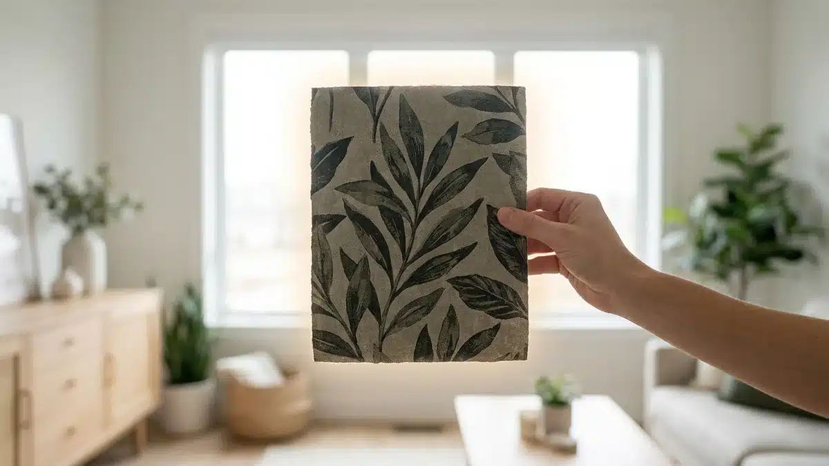 Une main plaque un échantillon de papier peint à motif de feuillages contre une fenêtre lumineuse : le jour ne traverse pas le motif, seuls les bords s'éclairent légèrement