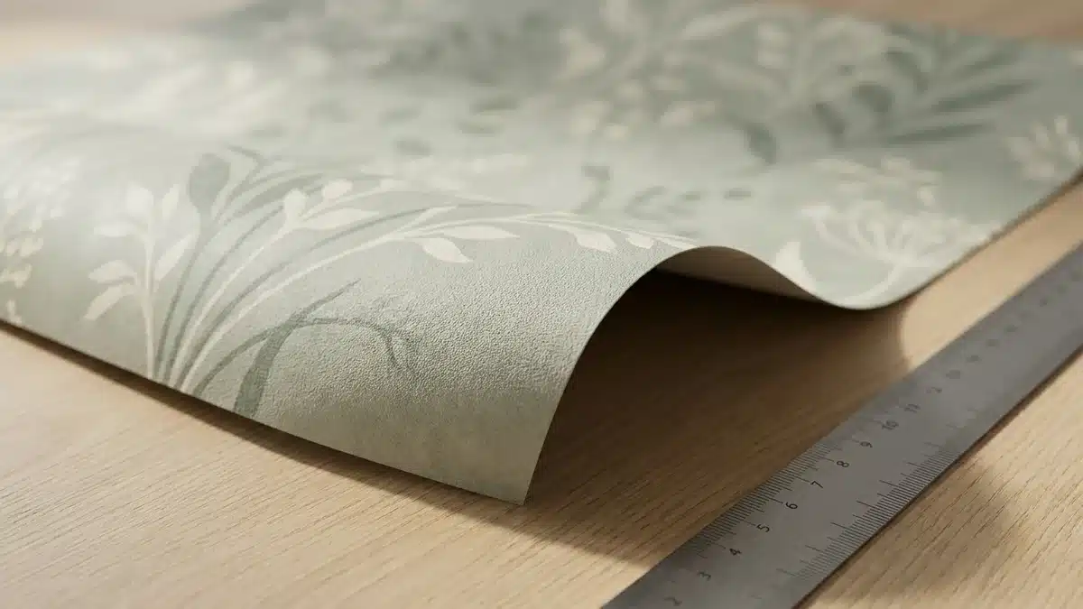Feuille de papier peint mat à surface textile façon daim, imprimée d'un motif botanique vert sauge, posée sur une table en chêne à côté d'une règle en acier
