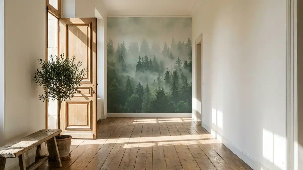 Long couloir clair vu depuis son entrée : seul le mur du fond est couvert d'un papier peint forêt dans des tons verts et brumeux, les murs latéraux sont peints en blanc cassé ; la lumière naturelle arrive d'une porte ouverte sur le côté