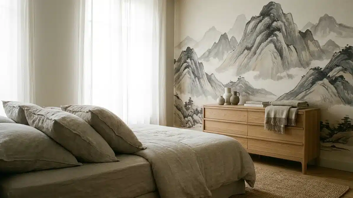 Chambre vue depuis les oreillers : le mur d'en face est habillé d'un papier peint paysage de montagnes à l'encre dans des tons gris et beige, une commode en bois clair posée devant ; une fenêtre voilée de rideaux blancs éclaire la pièce