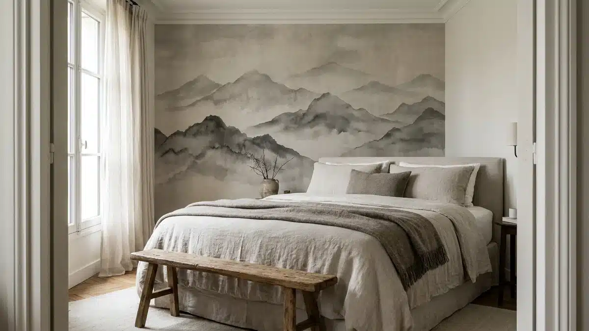 Chambre vue depuis la porte : le mur de la tête de lit est habillé d'un papier peint paysage de montagnes à l'encre