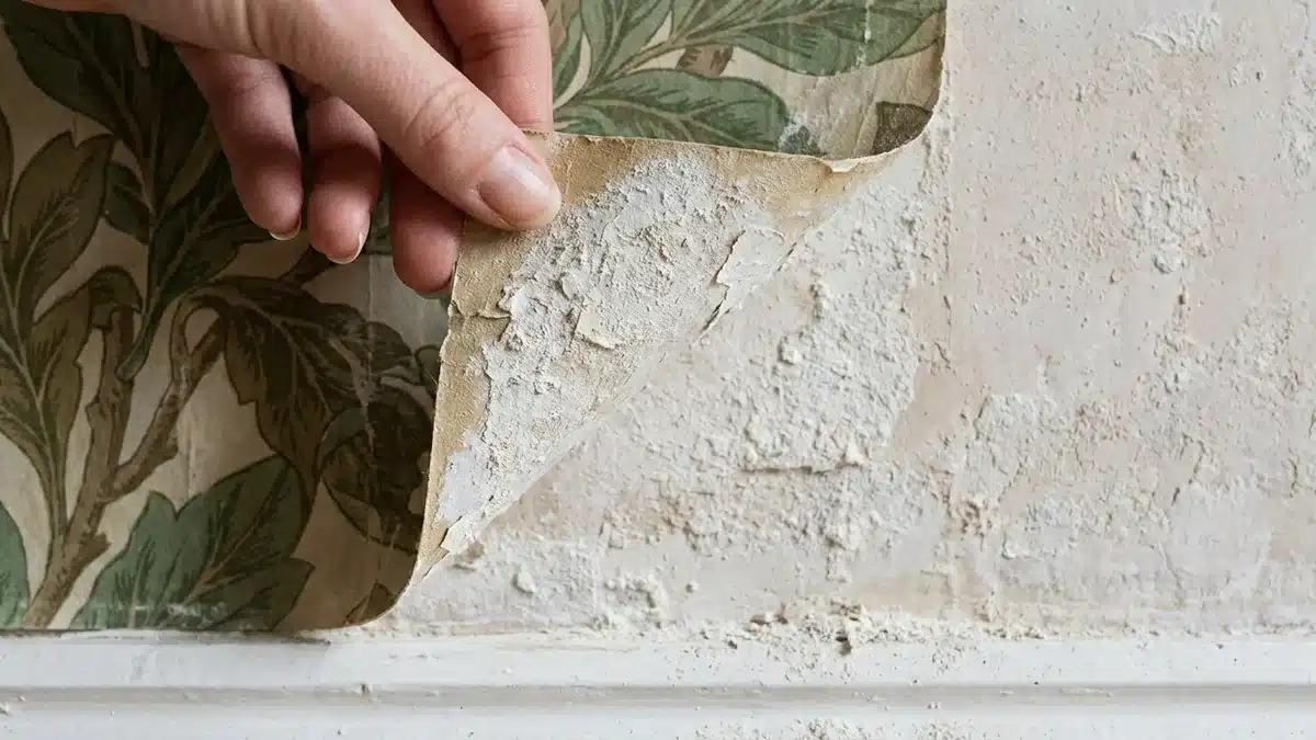 Gros plan sur une main qui soulève le coin d'un papier peint à motif de feuillage décollé au-dessus d'une plinthe blanche : le dos du papier est couvert d'une fine poussière de peinture blanche, et le mur dessous apparaît farineux