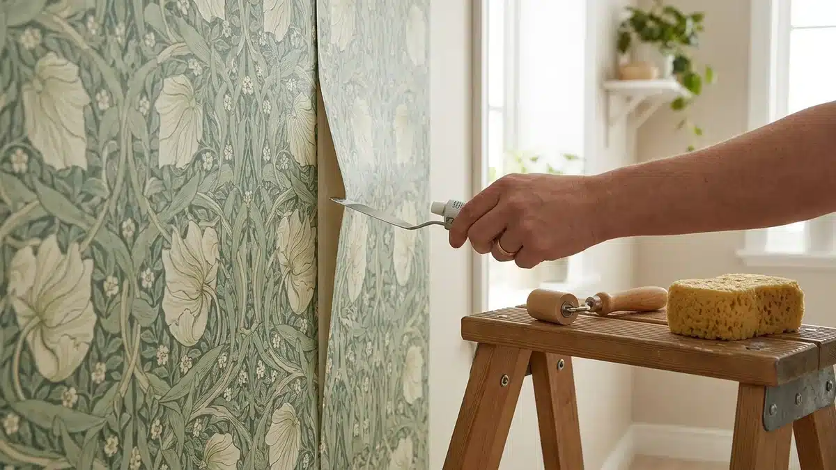 Une main glisse une spatule de colle sous le bord décollé d'un papier peint à motif floral, roulette à joints et éponge posées sur un escabeau
