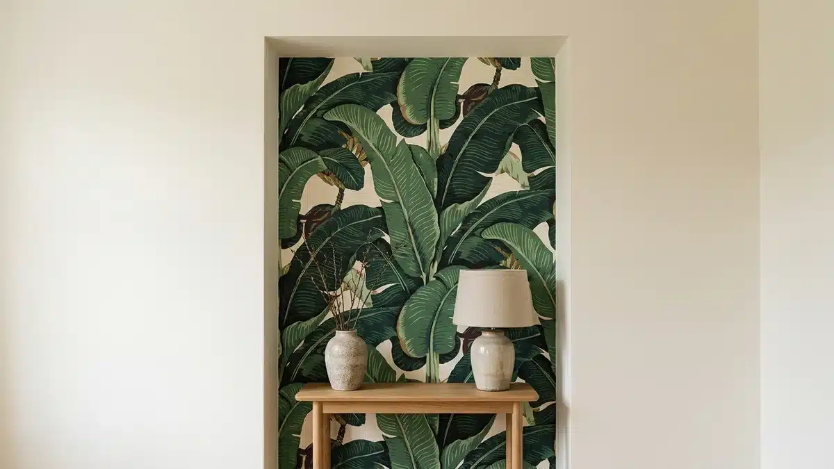 Fond d'alcôve habillé d'une seule bande de papier peint à grandes feuilles de bananier vertes, murs peints en blanc cassé autour, console en chêne avec lampe et vase