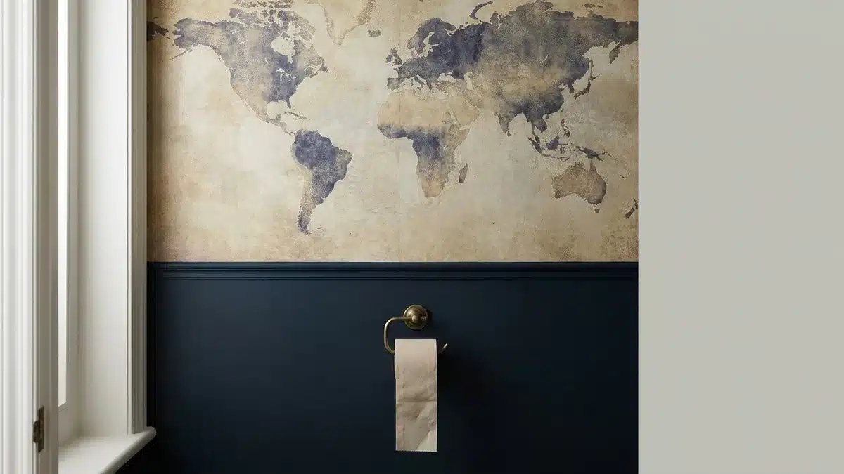 Mur de côté de toilettes étroites : un papier peint carte du monde ancienne aux tons sable et bleu passé est posé au-dessus d'un soubassement peint en bleu nuit, la carte centrée à hauteur des yeux d'une personne assise ; un dérouleur de papier en laiton est fixé sur la partie peinte