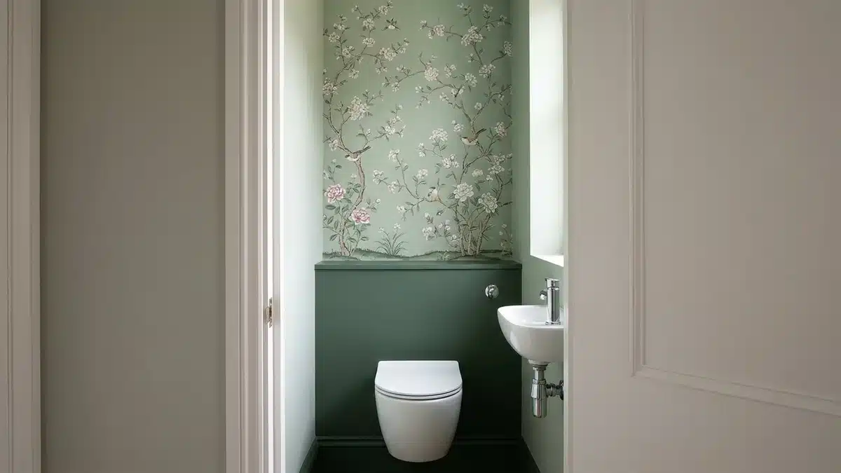 Toilettes étroites vues depuis la porte : le mur du fond est couvert d'un papier peint chinoiserie avec des branches fleuries et des oiseaux sur fond vert sauge, au-dessus d'un soubassement peint en vert foncé à la hauteur de l'habillage du réservoir ; un petit lave-mains blanc est fixé au mur de côté