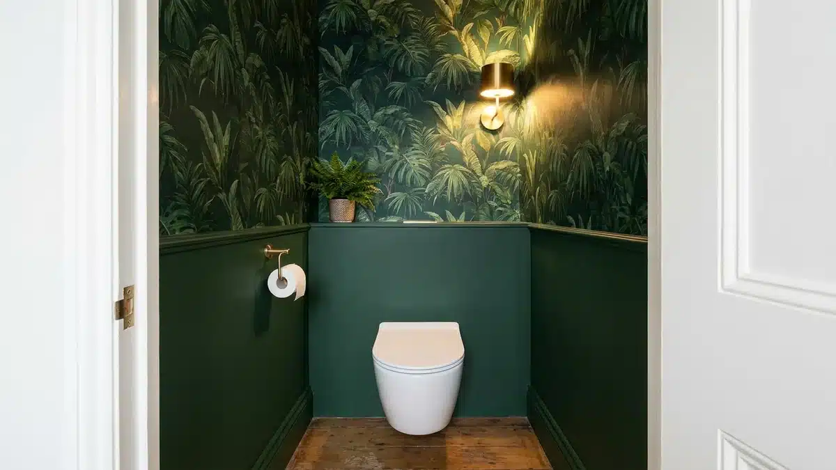 Toilettes étroites au papier peint jungle vert profond au-dessus d'un soubassement peint en vert foncé, applique en laiton